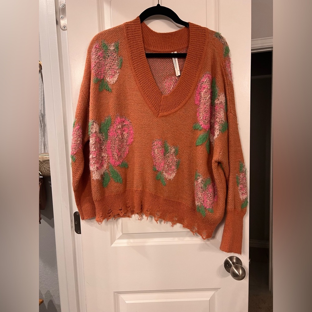 ANTHROPOLOGIE- Distressed Floral Knit Sweater